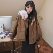工装派克棉服女韩版宽松冬季加绒加厚大毛领，棉衣棉袄外套