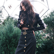 MasionWester秋季女装黑色双排金扣短西装高腰包臀长裙两件套