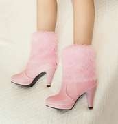 秋冬女鞋毛毛靴白色粉红色靴子女高跟短靴短筒大码女靴40-46 XSWF