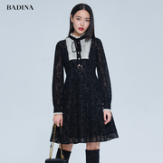 芭蒂娜黑色连衣裙女冬季时尚洋气名媛气质高腰蕾丝拼接裙