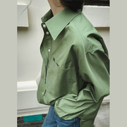 宽松直筒长袖纯棉翻领衬衫复古绿色，高支棉衬衣慵懒廓型上衣外套女