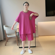 睡衣女纯棉简约休闲短袖短裤薄款可外穿大码家居服套装女条纹