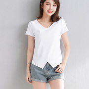 白色纯棉V领短袖t恤女设计感小众夏季纯色修身不规则下摆体恤