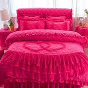 婚庆大红色公主风床裙，四件套结婚被子，夹棉床罩款床上蕾丝花边被套