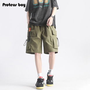 ProteusBoy 美式复古口袋松紧腰带直筒宽松五分休闲工装短裤 DK33