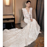 蕾丝鱼尾礼服高级感小拖尾婚纱2024白色新娘，出门纱婚纱礼服
