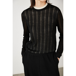 cleanflow黑色精纺羊毛镂空假两件透视蕾丝长袖，针织打底衫毛衣