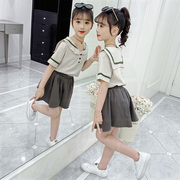 儿童短裤海军风套装女童，两件套条纹小女孩夏天棉料学生条纹娃娃领