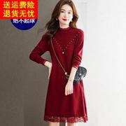 针织羊毛连衣裙女酒红色中长款宽松毛衣，配大衣毛衣裙(毛衣裙)打底半身裙厚