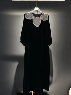 黑色衬衫女大码女装，网纱丝绒手工，钉钻气质奢华大牌高端连衣裙