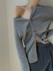 灰色羊毛长袖针织开衫，女春秋季法式复古修身毛衣外套