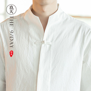 中国风秋季男复古立领，亚麻衬衫上衣中式唐装，棉麻茶服白色盘扣衬衣