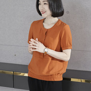 圆领橘色衬衫2024女夏款宽松遮肉冰丝短袖t恤大码设计感上衣
