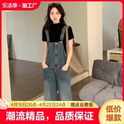 减龄牛仔背带裤女2024夏季大码胖mm高级感韩系宽松显瘦连体裤破洞