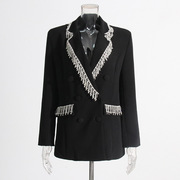 AIE重工镶钻流苏黑色西装外套澳洲小众设计长袖双排扣廓形西服女