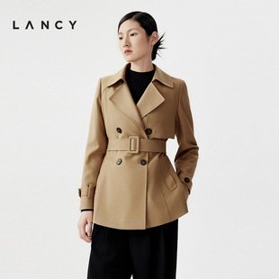 LANCY/朗姿2024春季高级感双排扣收腰修身短款羊毛风衣外套女