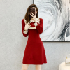 红色针织连衣裙春秋女装法式小个子气质显瘦内搭打底长袖裙子