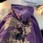 乌梅紫色卫衣男中山工厂500g重磅连帽水洗，做旧外套多巴胺秋季穿搭