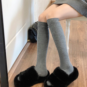 秋冬灰色小腿袜女加绒加厚羊毛白色中筒袜保暖黑色竖条纹堆堆袜子