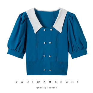 夏季冰丝娃娃领短袖女双排扣薄T恤小个子短款泡泡袖克拉英蓝套头