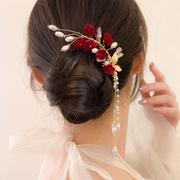 新中式秀禾服婚服2023新娘，敬酒服头饰红色，对夹子发饰结婚礼服