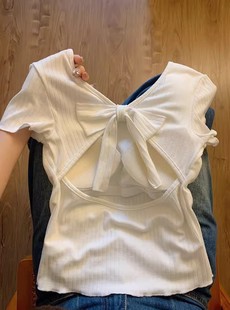 白色露背镂空蝴蝶结绑带正肩短袖T恤女夏季2024修身短款上衣