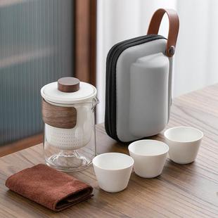 便携式旅行茶杯茶具小套装玻璃，一壶三杯陶瓷，快客杯单人泡茶壶