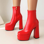 欧美性感皮靴舞台走秀防水台粗跟高跟短靴女白色，红色靴子大码hc
