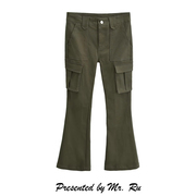 欧美复古工装风大口袋，微休闲裤简约百搭军绿色，低腰显瘦修身喇叭裤