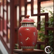 景德镇茶具 倚雲煮泉 仿古陶瓷仿道光年珊瑚红雕刻万福茶叶罐茶仓
