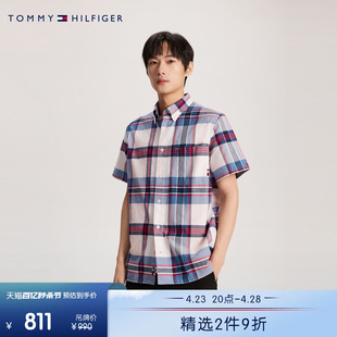 Tommy 24春季男装通勤拼色格纹尖角扣合身版短袖衬衫78JA220