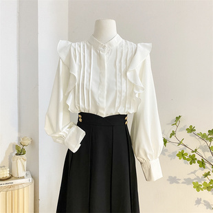 白色立领雪纺长袖衬衫，女秋季设计感气质，灯笼袖荷叶边上衣打底衬衣