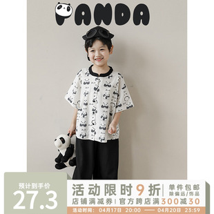 幼悠夏季儿童熊猫星人数码印花撞色圆领衬衫，男童休闲裤子两件套潮