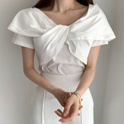 韩国chic夏季简约优雅v领扭结设计感纯色修身显瘦飞飞袖t恤上衣女