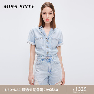 Miss Sixty2023夏季含麻棉牛仔连体裤女钉珠翻领短袖腰带破洞
