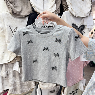 三行夏女小个子垫肩短款蝴蝶结上衣灰色甜美可爱减龄短袖T恤