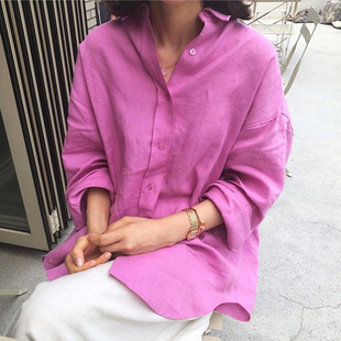 糖果色衬衣外套，韩版简约棉麻时尚，中长款宽松大码长袖衬衫女