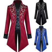 燕尾服宫廷中世纪复古男款礼服装中长款银边大衣蓝色黑色红色冬季