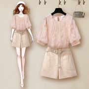 粉色蕾丝上衣夏季小衫高档洋气，法式甜美女，减龄超仙高端短袖雪纺衫