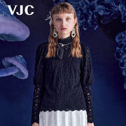 VJC/威杰思秋季女装法式立领蕾丝网纱修身上衣甜美气质