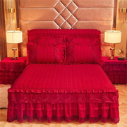 韩版公主床d裙结婚庆大红色加厚夹棉单件蕾丝纯色床罩床套单三
