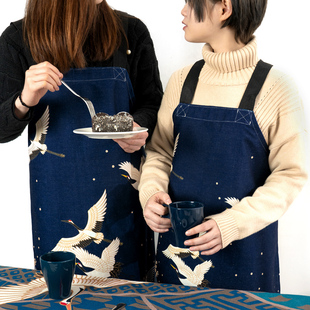 起贝日式蓝色仙鹤围裙棉麻背心式文艺厨房烘焙和风料理店男女围腰