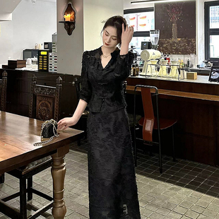 新中式国风时尚套装女春季盘扣，蕾丝长袖上衣直筒休闲半身裙两件套