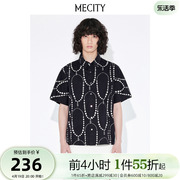 MECITY男士夏季简珍珠复古纯棉印花短袖度假风衬衫