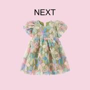 英国next女童连衣裙夏季2024洋气，女孩花朵纱裙宝宝时髦公主裙