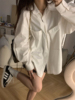 荒荒家 白色大口袋宽松衬衫外套2023韩版纯色慵懒风衬衣女春