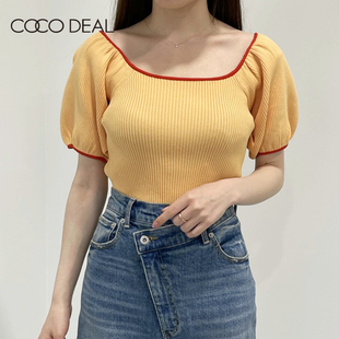 cocodeal23夏季甜美撞色泡泡袖低领，短款毛针织衫女73231390