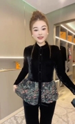 2023秋季时尚丝绒衬衫女韩版长袖设计感显瘦圆领拼接碎花上衣