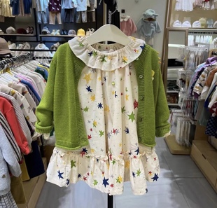 韩国童装 24春款儿童宝宝清新绿纯棉针织毛衣开衫 条绒满印连衣裙