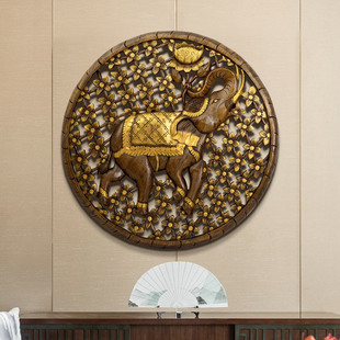 泰国大象柚木镂空圆形雕花板东南亚木雕挂画墙饰实木雕刻壁挂